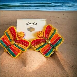 NATASHA Couture Rainbow Bead and Jewel Butterfly Drop Pierced Earrings Stud Back